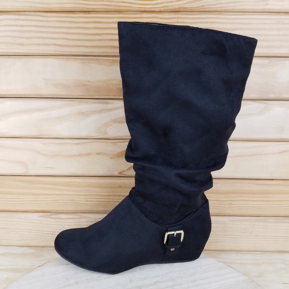 NEW Bongo Women's Armitage Hidden Wedge Heeled Knee High Slouch Boots Faux Suede